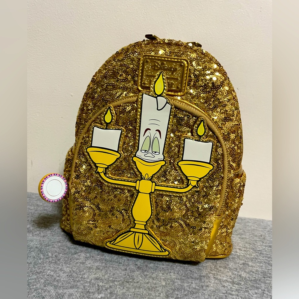 LOUNGEFLY Beauty And The Beast Lumiere Sequin Mini Backpack Exclusive NWT